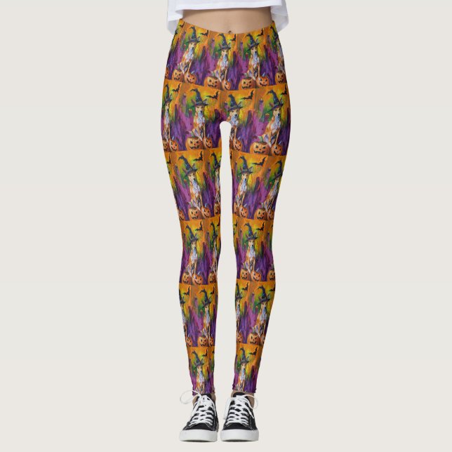 Spooky Basenji Halloween Hexe und Pumpkin Leggings (Vorderseite)