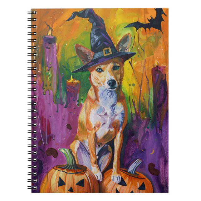 Spooky Basenji Halloween Hexe und Pumpkin Notizblock (Vorderseite)