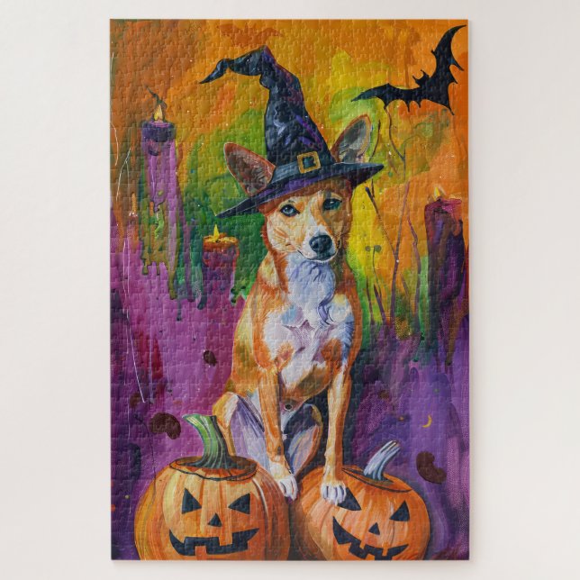 Spooky Basenji Halloween Hexe und Pumpkin Puzzle (Vertikal)
