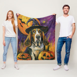 Spooky Basset Hound Halloween Hexe und Kürbiskürbi Fleecedecke