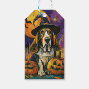 Spooky Basset Hound Halloween Hexe und Kürbiskürbi Geschenkanhänger