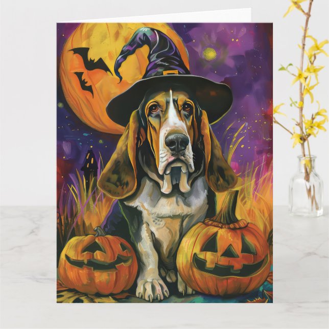 Spooky Basset Hound Halloween Hexe und Kürbiskürbi Karte (Gelbe Blume)