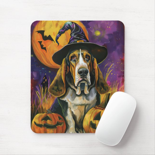 Spooky Basset Hound Halloween Hexe und Kürbiskürbi Mousepad (Mit Mouse)