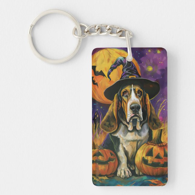 Spooky Basset Hound Halloween Hexe und Kürbiskürbi Schlüsselanhänger (Vorderseite)