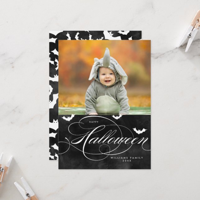 Spooky Bat Halloween Foto Cards Karte (Vorderseite/Rückseite Beispiel)