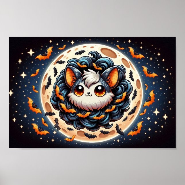Spooky Bat Moon: Niedliche Halloween-Kunst Poster (Vorne)