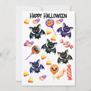 Spooky Bats Candy, Aquarell, Whimsisches Halloween Feiertagskarte