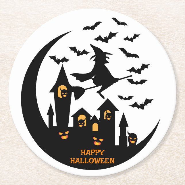 Spooky Bats & Hexen glückliches Halloween Custom Runder Pappuntersetzer (Vorderseite)