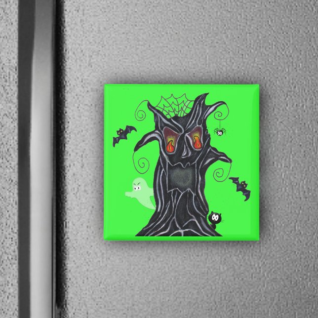 Spooky Baum mit Halloween Friends Magnet (Black spooky tree flame eyes bats, ghost, black cat on vibrant green Halloween magnet.)