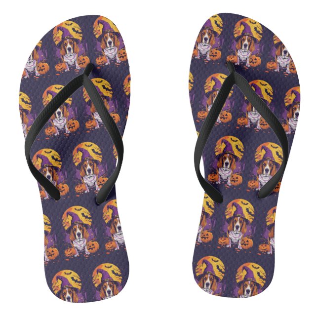 Spooky Beagle Halloween Hexe und Kürbis Flip Flops (Fußbett)