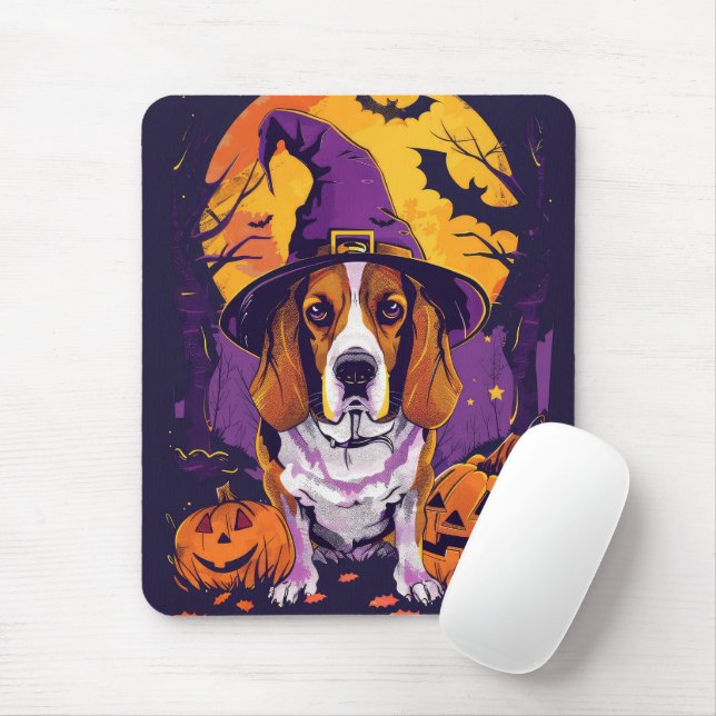 Spooky Beagle Halloween Hexe und Kürbis Mousepad (Mit Mouse)