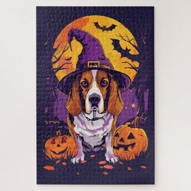Spooky Beagle Halloween Hexe und Kürbis Puzzle (Vertikal)