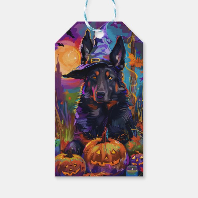 Spooky Belgischer Schäferhund Halloween Hexenkürbi Geschenkanhänger (Vorderseite)
