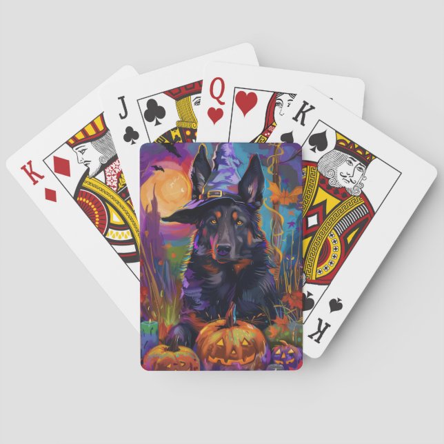 Spooky Belgischer Schäferhund Halloween Hexenkürbi Spielkarten (Rückseite)