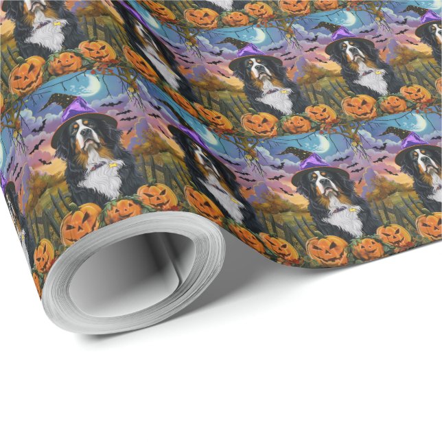 Spooky Bernese Mountain Halloween Hexenkürbis Geschenkpapier (Rolleneckpunkt)