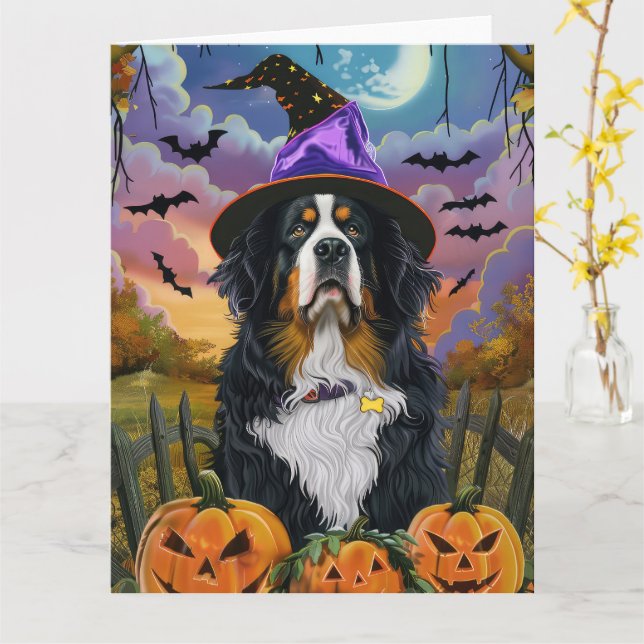 Spooky Bernese Mountain Halloween Hexenkürbis Karte (Gelbe Blume)