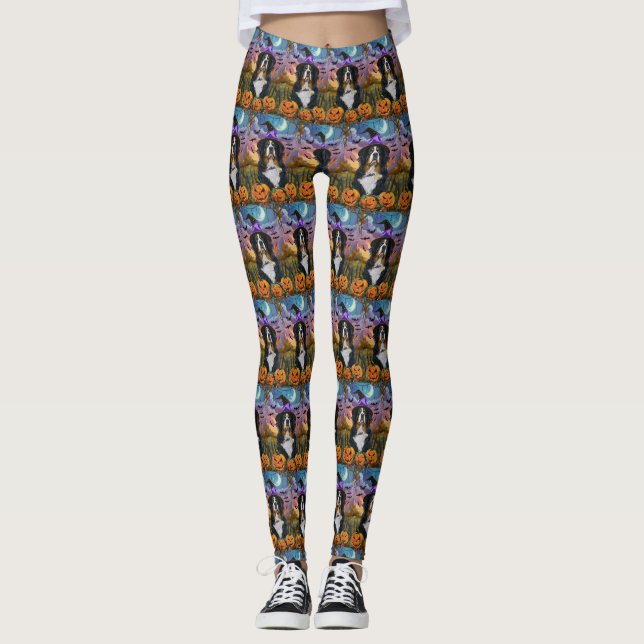 Spooky Bernese Mountain Halloween Hexenkürbis Leggings (Vorderseite)