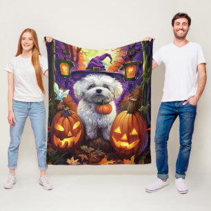 Spooky Bichon Frise Halloween Hexe und Pumpkin Fleecedecke