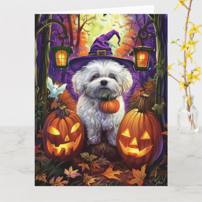 Spooky Bichon Frise Halloween Hexe und Pumpkin Karte (Gelbe Blume)