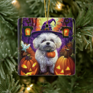 Spooky Bichon Frise Halloween Hexe und Pumpkin Keramikornament