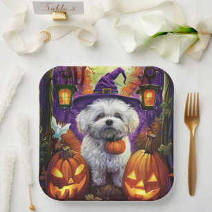 Spooky Bichon Frise Halloween Hexe und Pumpkin Pappteller