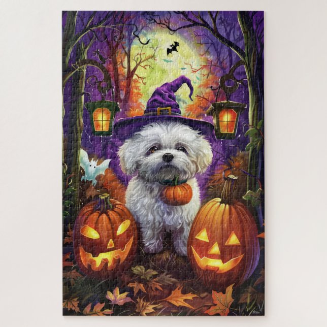 Spooky Bichon Frise Halloween Hexe und Pumpkin Puzzle (Vertikal)