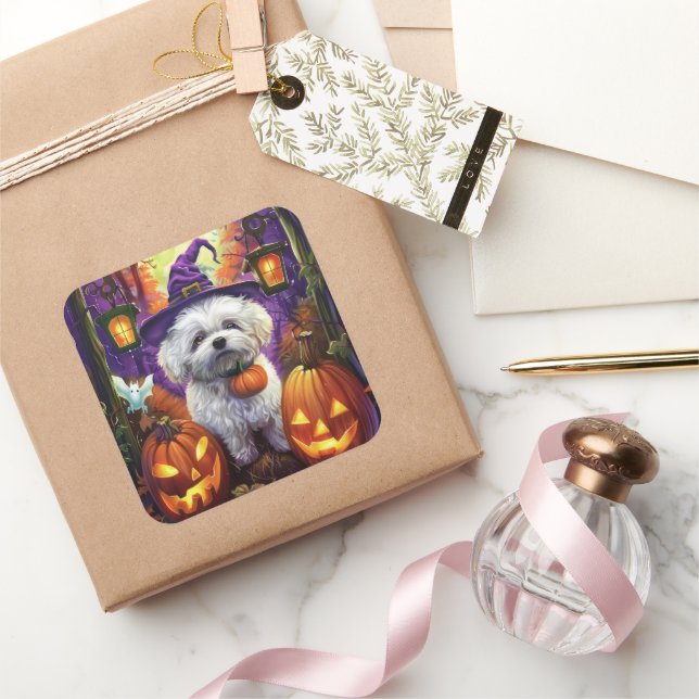 Spooky Bichon Frise Halloween Hexe und Pumpkin Quadratischer Aufkleber (Schenken)