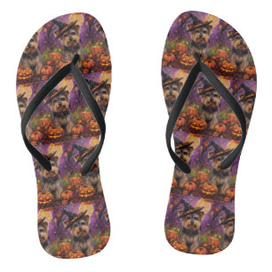 Spooky Biewer Terrier Halloween Hexe und Pumpkin Flip Flops