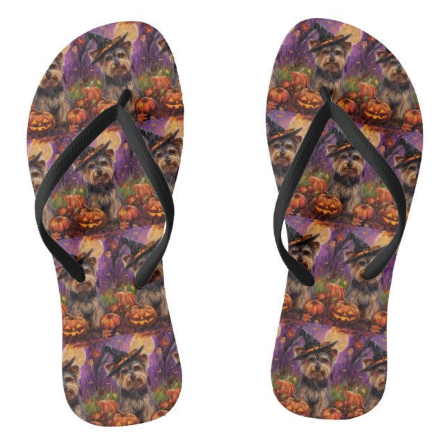 Spooky Biewer Terrier Halloween Hexe und Pumpkin Flip Flops (Fußbett)