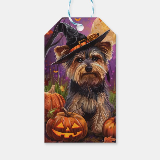 Spooky Biewer Terrier Halloween Hexe und Pumpkin Geschenkanhänger (Vorderseite)