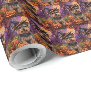 Spooky Biewer Terrier Halloween Hexe und Pumpkin Geschenkpapier
