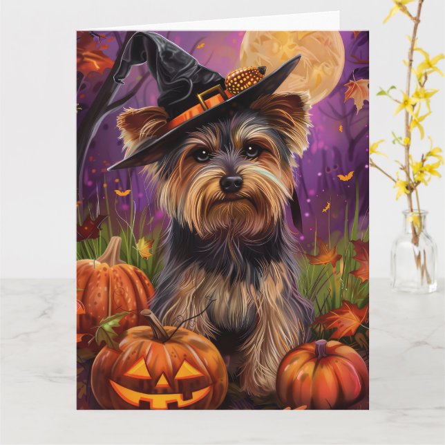 Spooky Biewer Terrier Halloween Hexe und Pumpkin Karte (Gelbe Blume)