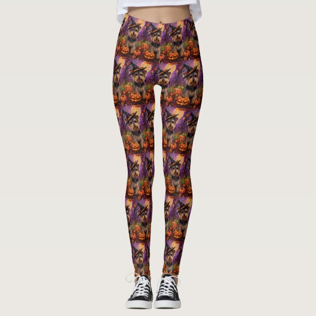 Spooky Biewer Terrier Halloween Hexe und Pumpkin Leggings (Vorderseite)
