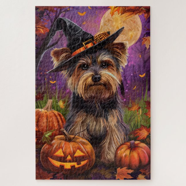 Spooky Biewer Terrier Halloween Hexe und Pumpkin Puzzle (Vertikal)