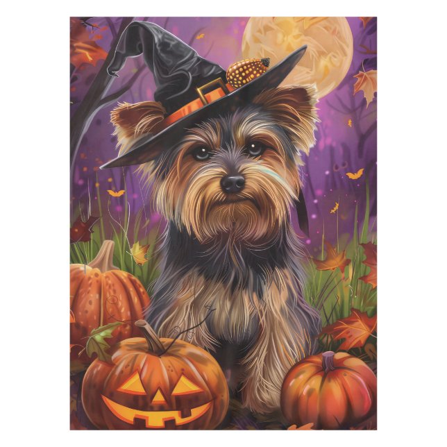 Spooky Biewer Terrier Halloween Hexe und Pumpkin Tischdecke (Vorderseite)