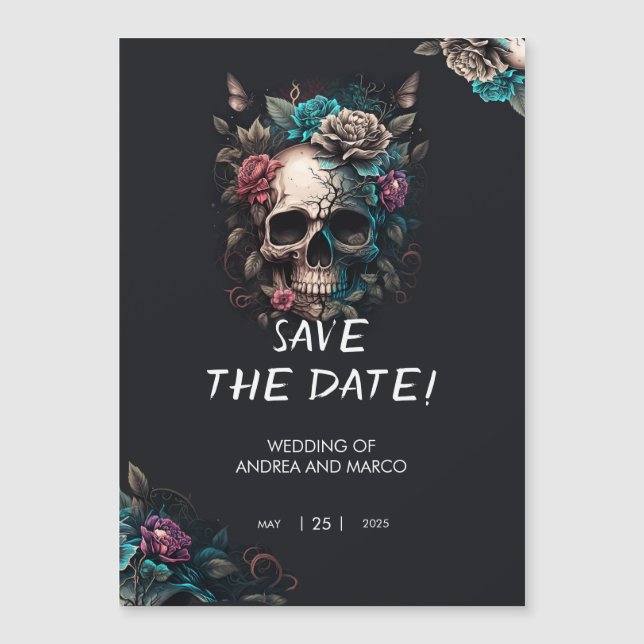 Spooky Black and Lila Skull Gothic Save the Date Magneteinladung (Vorderseite)