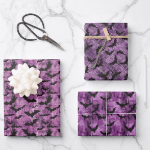 Spooky Black Bat Muster auf grungy Lila Geschenkpapier Set