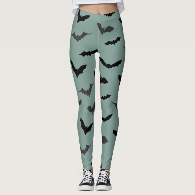 Spooky Black Bats Pattern Halloween Leggings (Vorderseite)