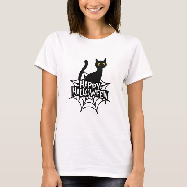 Spooky Black Cat auf einem Spiderweb Happy Hallowe T-Shirt (Vorderseite)