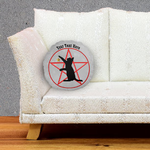Spooky Black Cat auf Pentagram Gold Star Gray Rundes Kissen