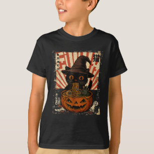 Spooky Black Cat Eating Ramen Japanisch Halloween T-Shirt