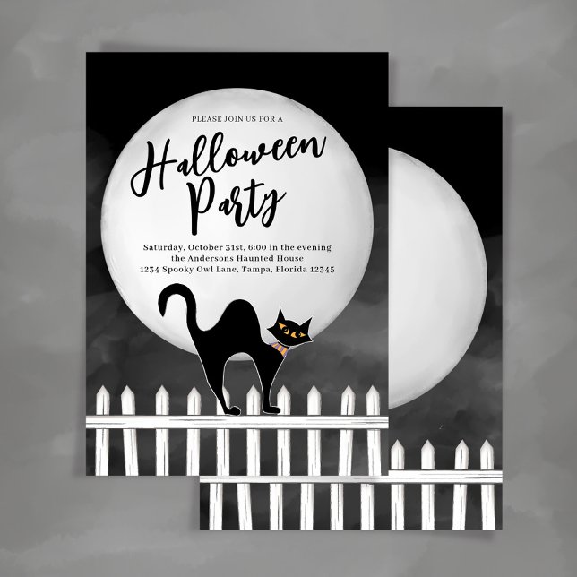 Spooky Black Cat Halloween Custom Party Einladung (Spooky black cat Halloween Party Invitations.)