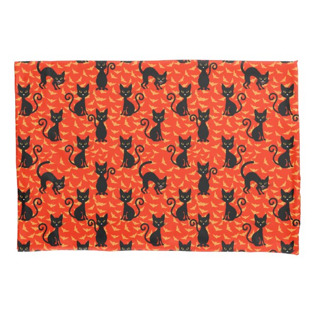 Spooky Black Cat Halloween Orange Bats Kissenbezug (Vorderseite)