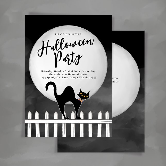 Spooky Black Cat Halloween-Party Custom Einladung (Halloween party black cat custom party invitations.)