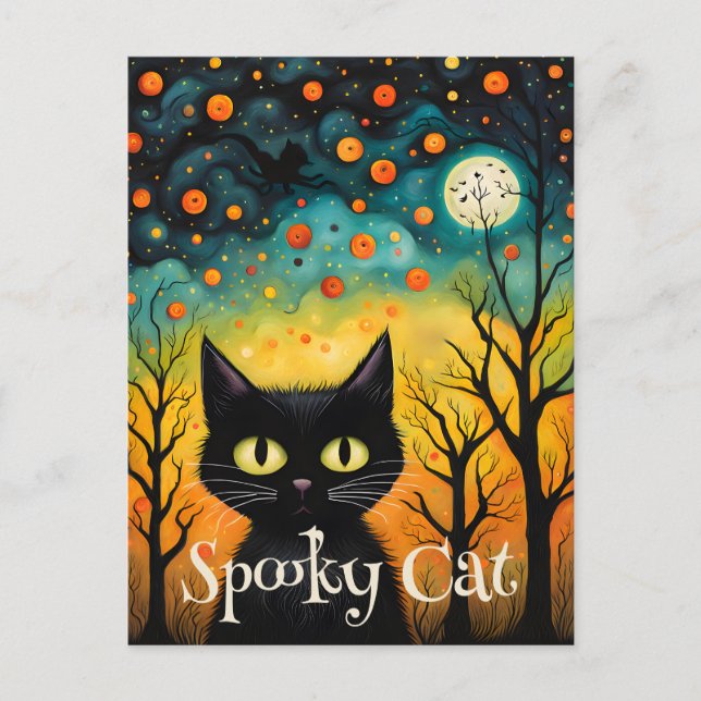 Spooky Black Cat Halloween Postkarte (Vorderseite)