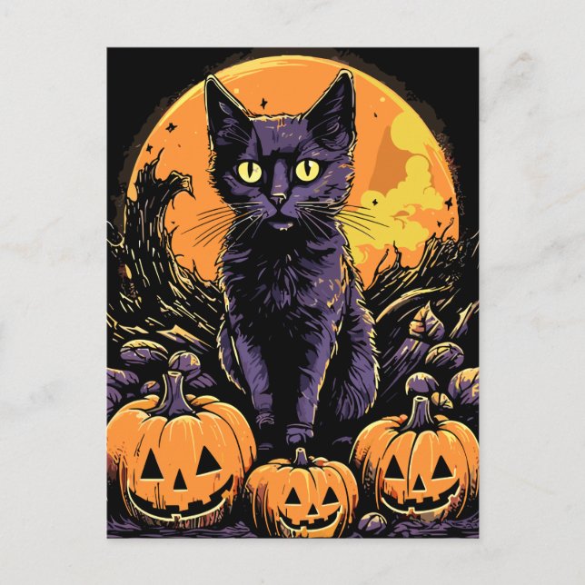 Spooky Black Cat Halloween Pumpkin Postkarte (Vorderseite)