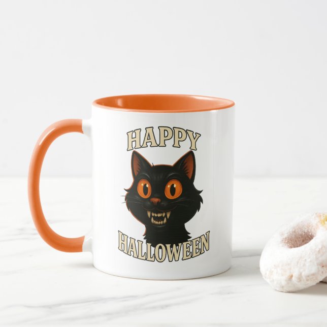 Spooky Black Cat Halloween Tasse (Mit Donut)