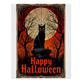 Spooky Black Cat Happy Halloween Vintag Gothic Poster