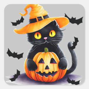 Spooky Black Cat & KürbisHalloween Quadratischer Aufkleber