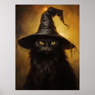 Spooky Black Cat mit Hexenhut Poster
